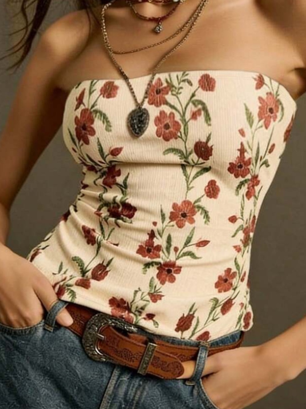 Floral Strapless Tube Top - Cream with Rust Floral Print